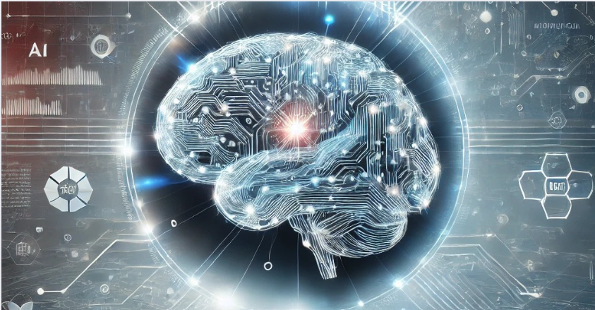 An illustration of a brain encircled by various technological devices, symbolizing the fusion of intellect and technology.